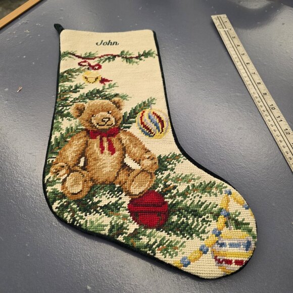 LANDS END Needlepoint Christmas Stocking For "JOHN" Teddy Bear Ornaments Tree - Picture 6 of 6